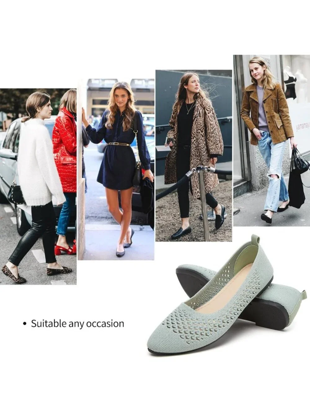 Women's Light Green Comfortable Pointed Toe Slip On Business Casual Ballet Flats